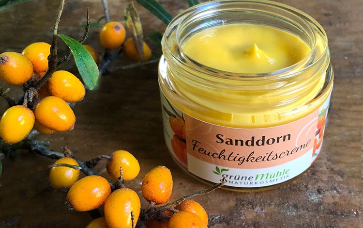 Orange Sanddorn Feuchtigkeitscreme mit einem Sanddornzweig