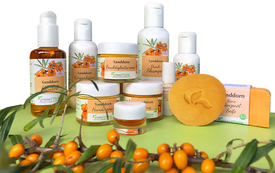 Naturkosmetik mit Sanddorn für Haut und Haar, Hautöl, Körperlotion, Waschstück, DuschShampoo Handcreme, peeling und Seife